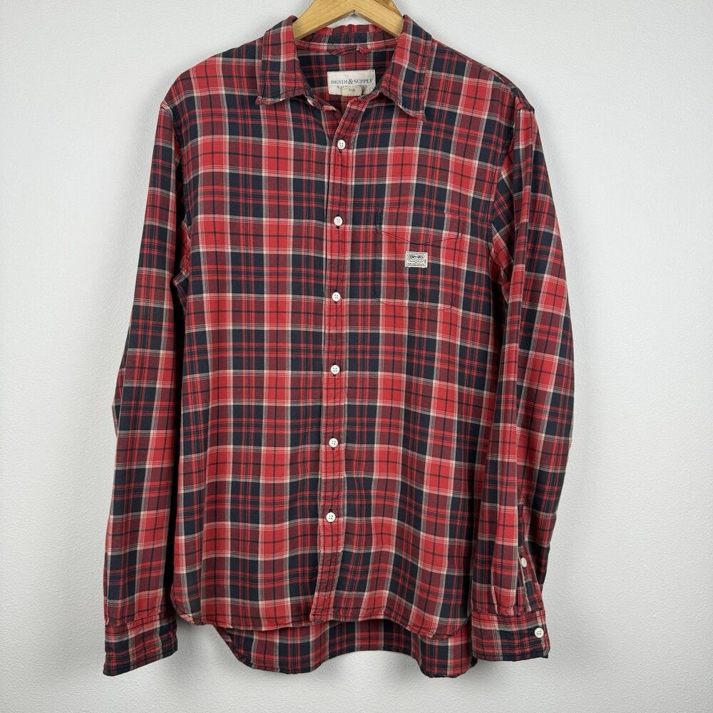 Ralph Lauren Denim Supply Button Up Shirt Mens Large Plaid Flannel Red Black